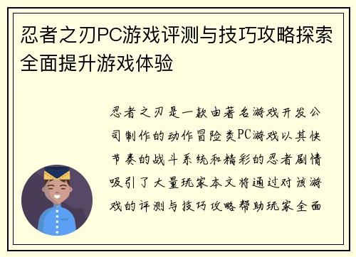 忍者之刃PC游戏评测与技巧攻略探索全面提升游戏体验
